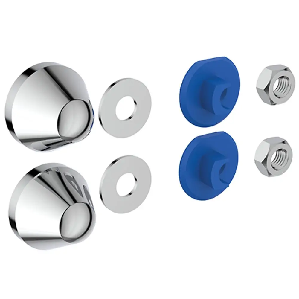 Schutzkappen in Chrom-Optik, bestehend aus zwei Kappen, Unterlegscheiben und blauen Bauteilen, geliefert von Ideal Standard. Geeignet für Montage und Schutz von Installationen.